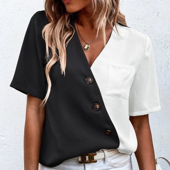 Colorblock Button detail Patched Pocket Blouse - Picture 4 of 6